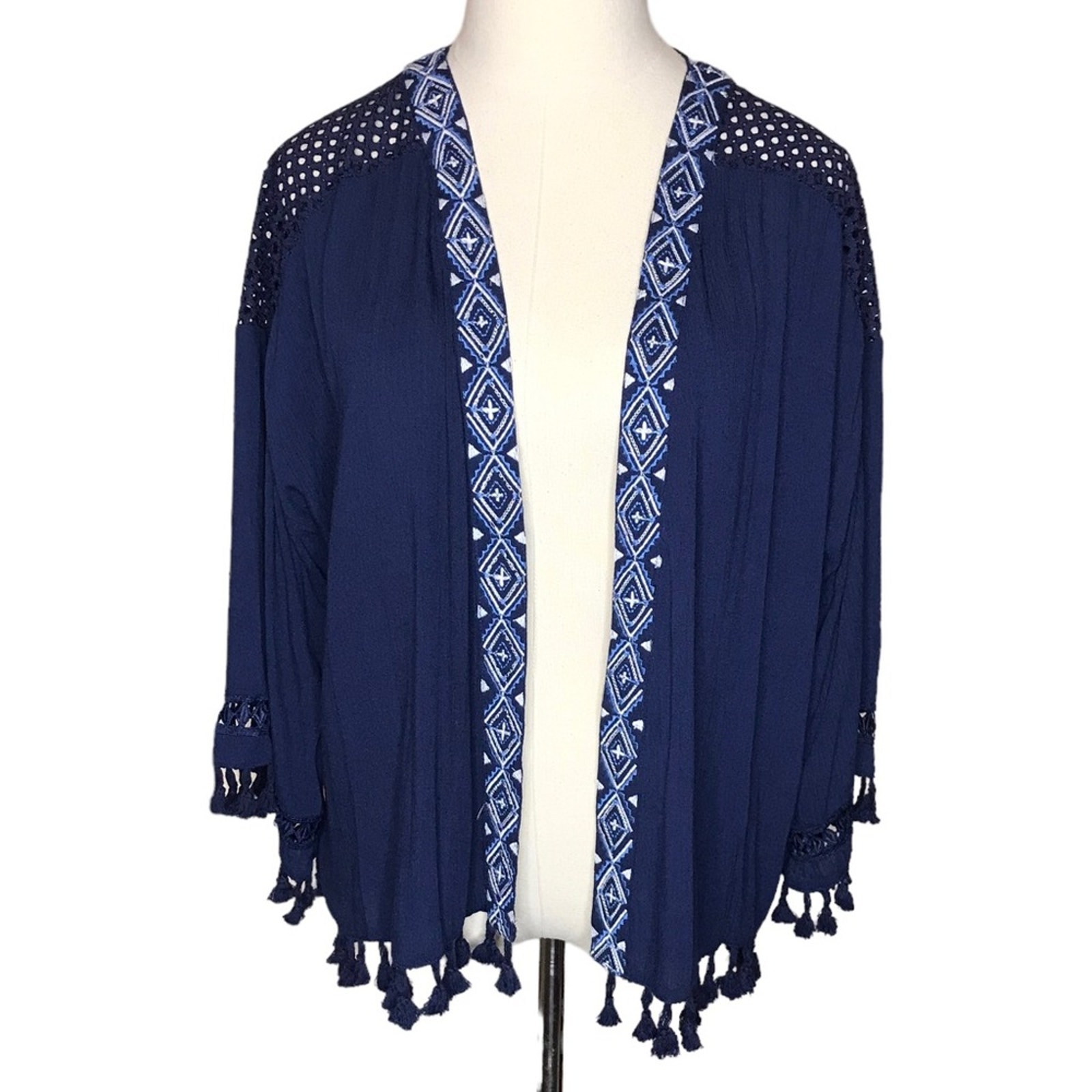 Miss Me Size Large-Navy Open Front Kimono Embroidery And Tassels-New With Tags
